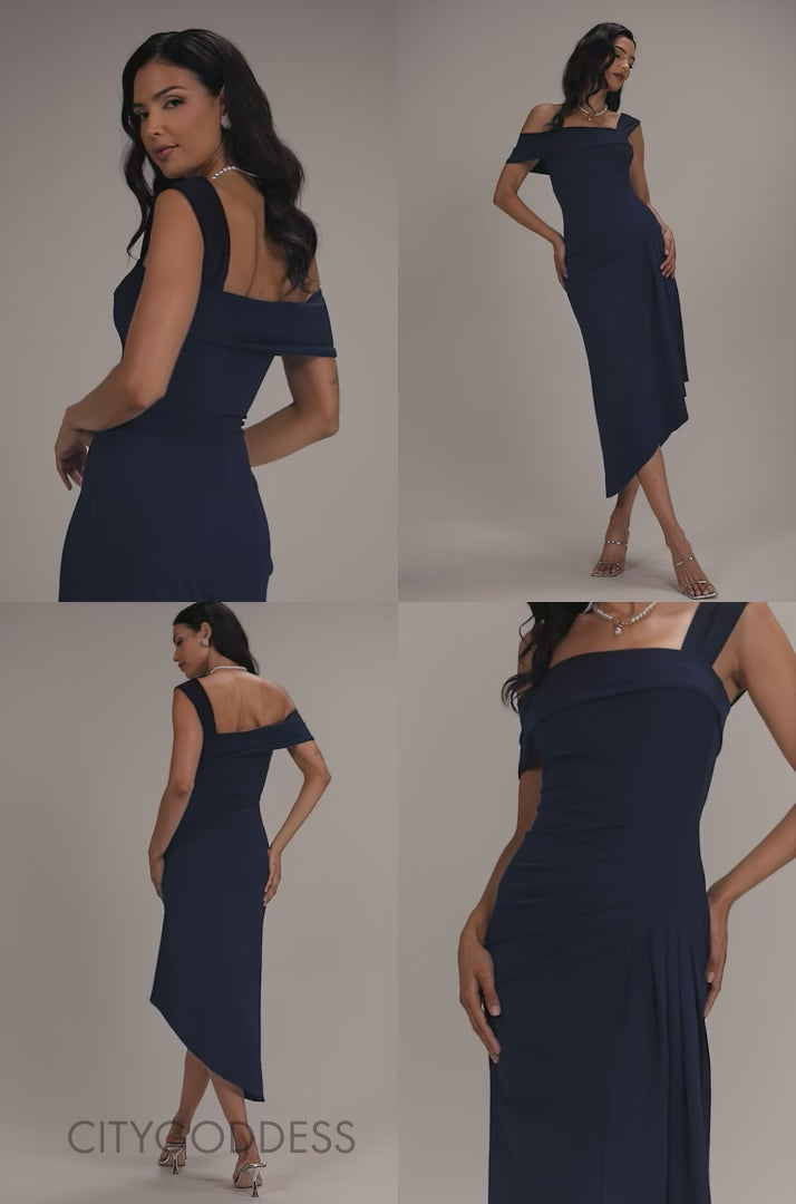 OFF SHOULDER PLEATED WAIST ASYMMETRIC MIDAXI DRESS DR5137