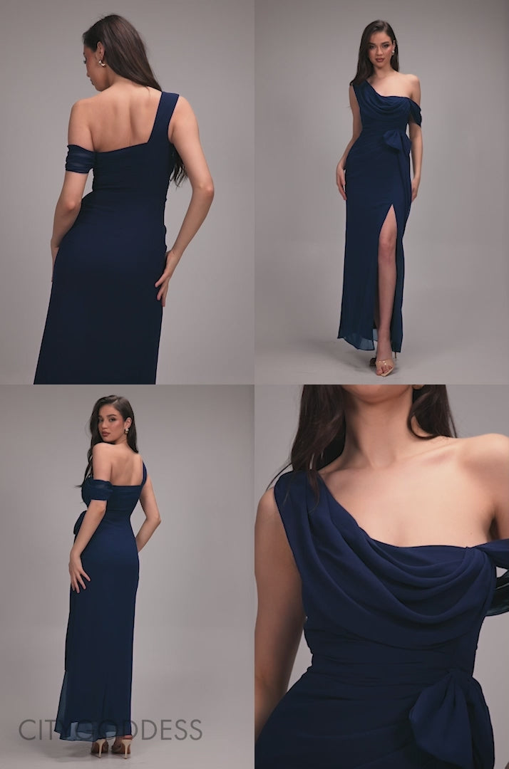 One Shoulder Cowl With Bow Detail Maxi Dress DR4606