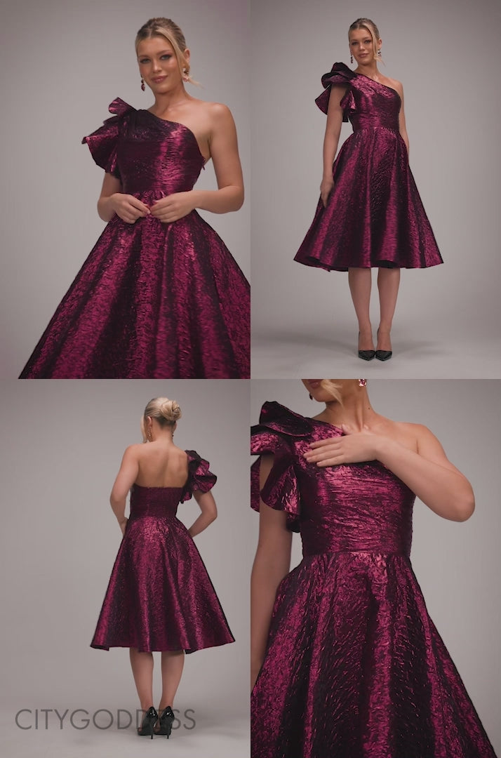 ONE SHOULDER FRILL JACQUARD SKATER MIDI DRESS DR4811