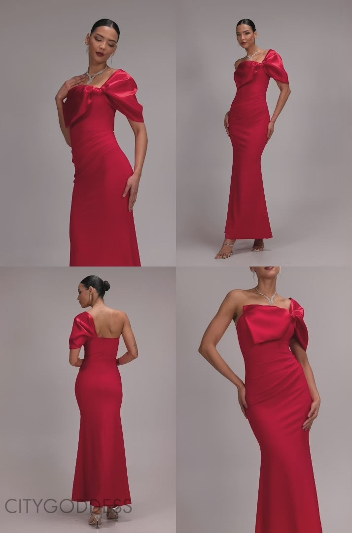 Off The Shoulder Satin Bow Neck Maxi Dress DR5073