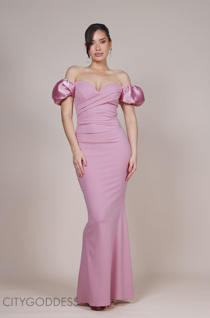 Puffy Satin  Sleeve Scuba Maxi Dress DR4622