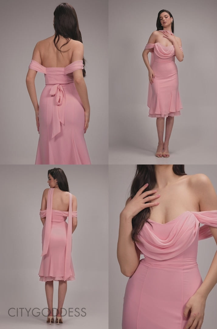 Chiffon Cowl Off Shoulder Wing Tiered Midi Dress DR4843