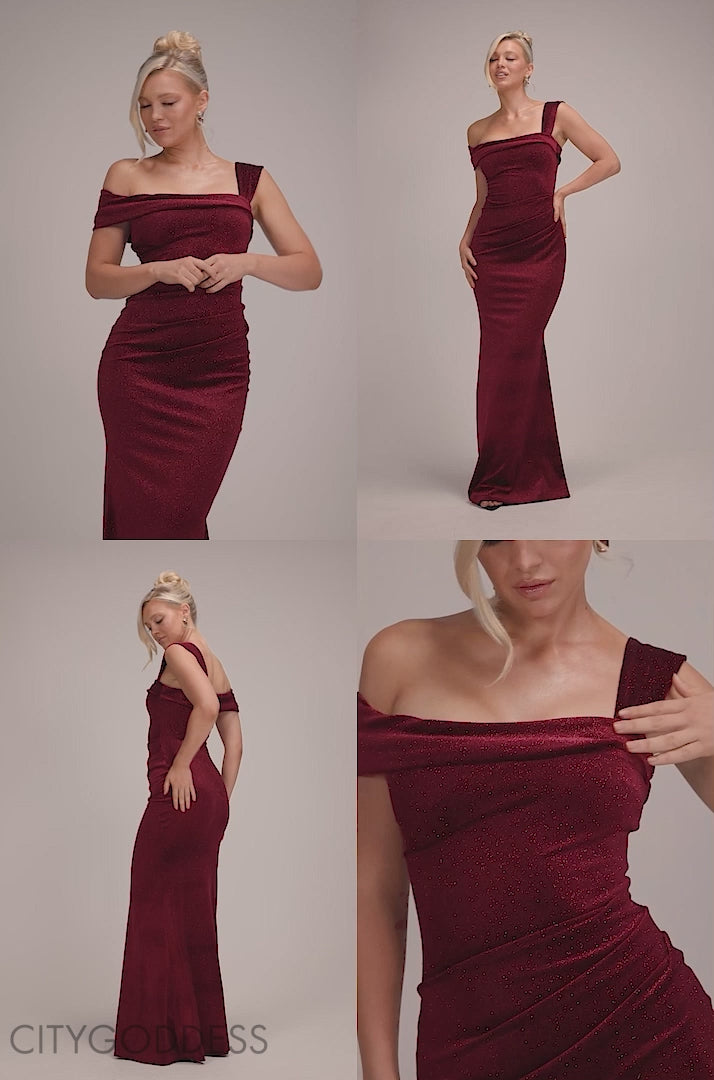 Glitter Polka Dot Velvet One Shoulder Maxi Dress DR4646