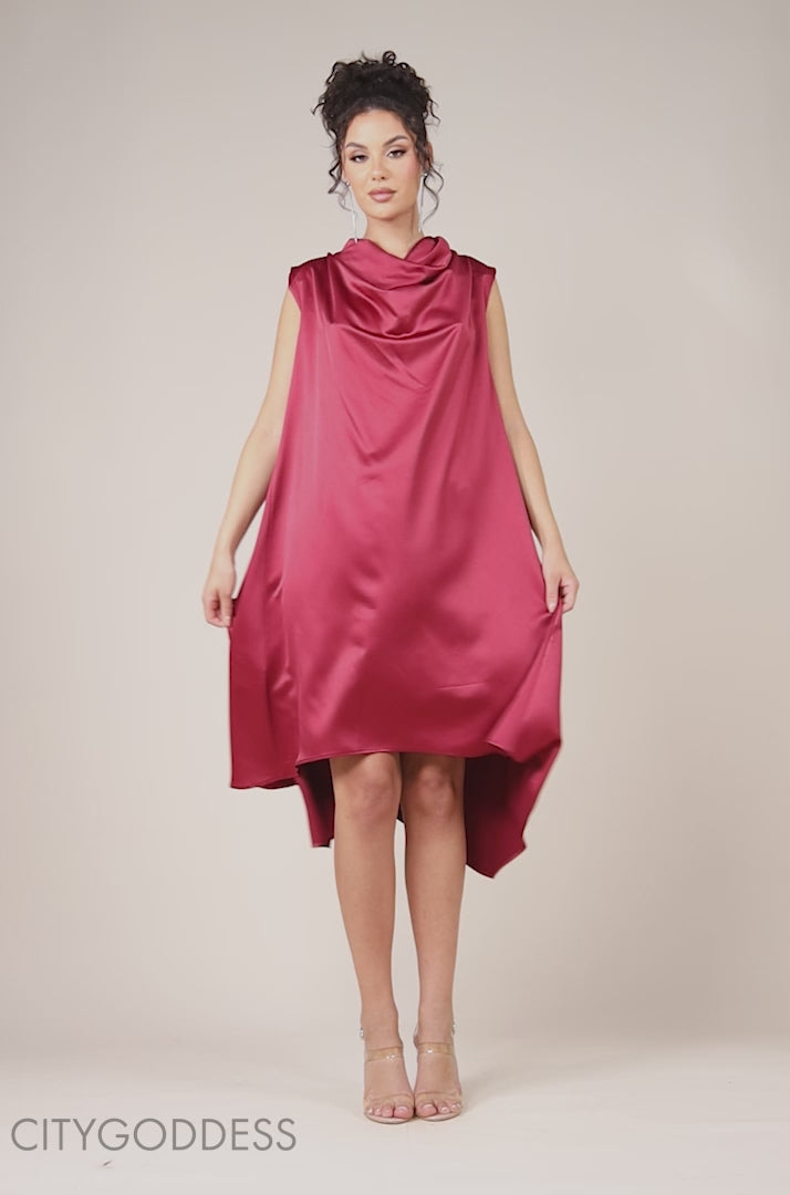Cowl Neck Back Wing Satin High Low Midi Dress DR4608