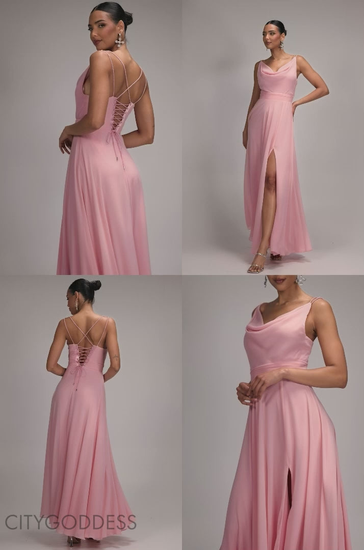 CHIFFON COWL TWISTED ROPE STRAP LACE-UP FLARED MAXI DRESS DR4937