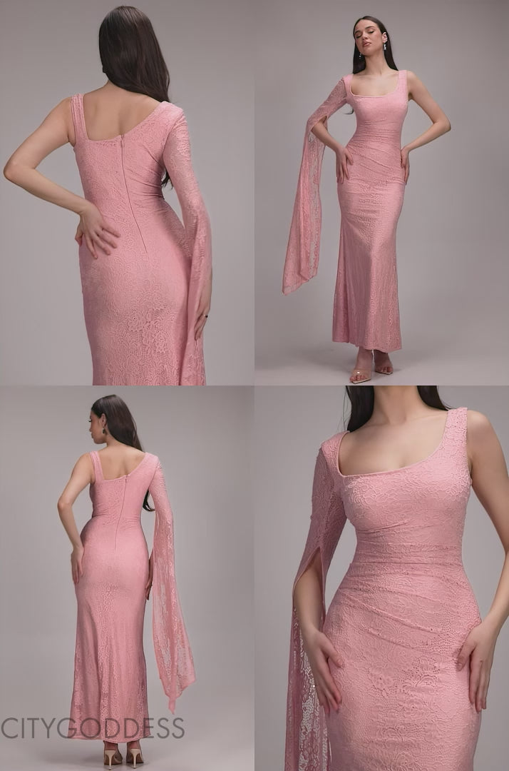 ONE SHOULDER CAPE SLEEVE PLEATED LACE MAXI DRESS BY GODDIVA DR5065