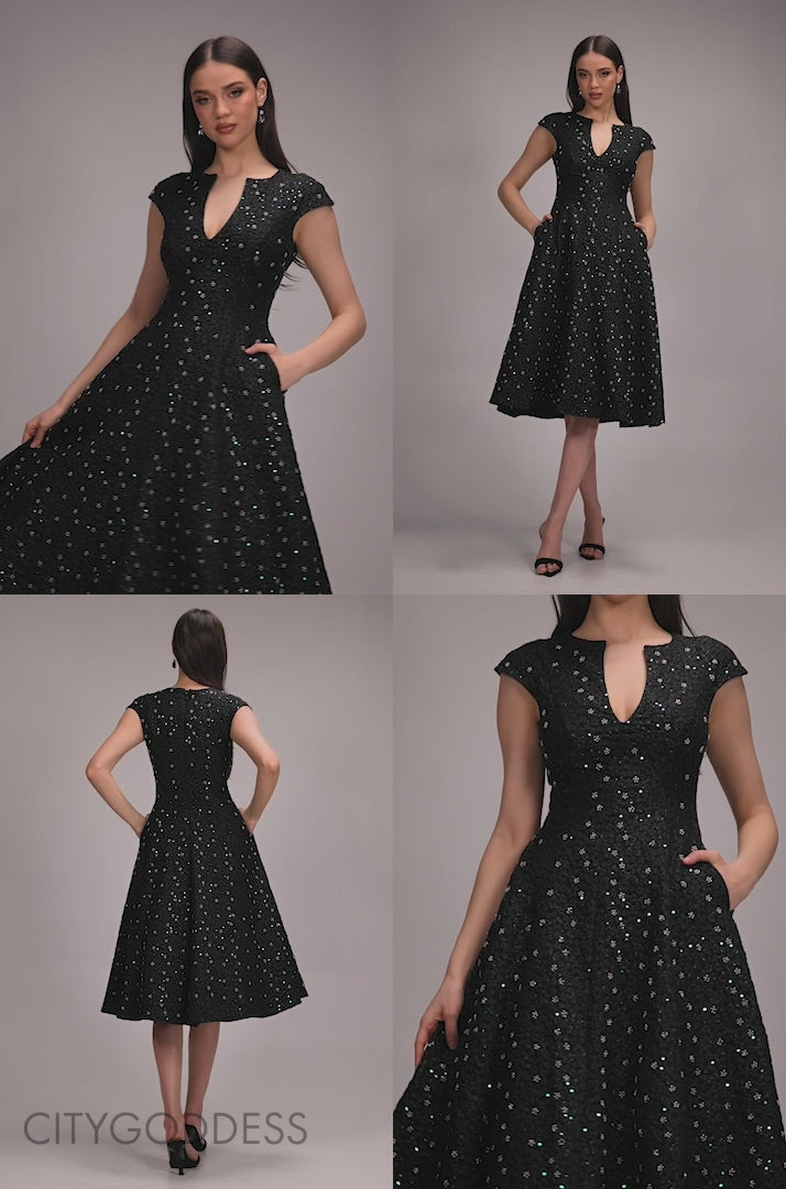 Bead Embellished Jacquard A Line Midi Dress DR4795