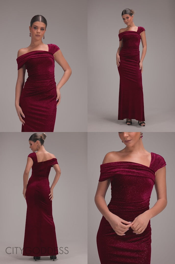 Glitter Velvet One Shoulder Maxi Dress DR5026