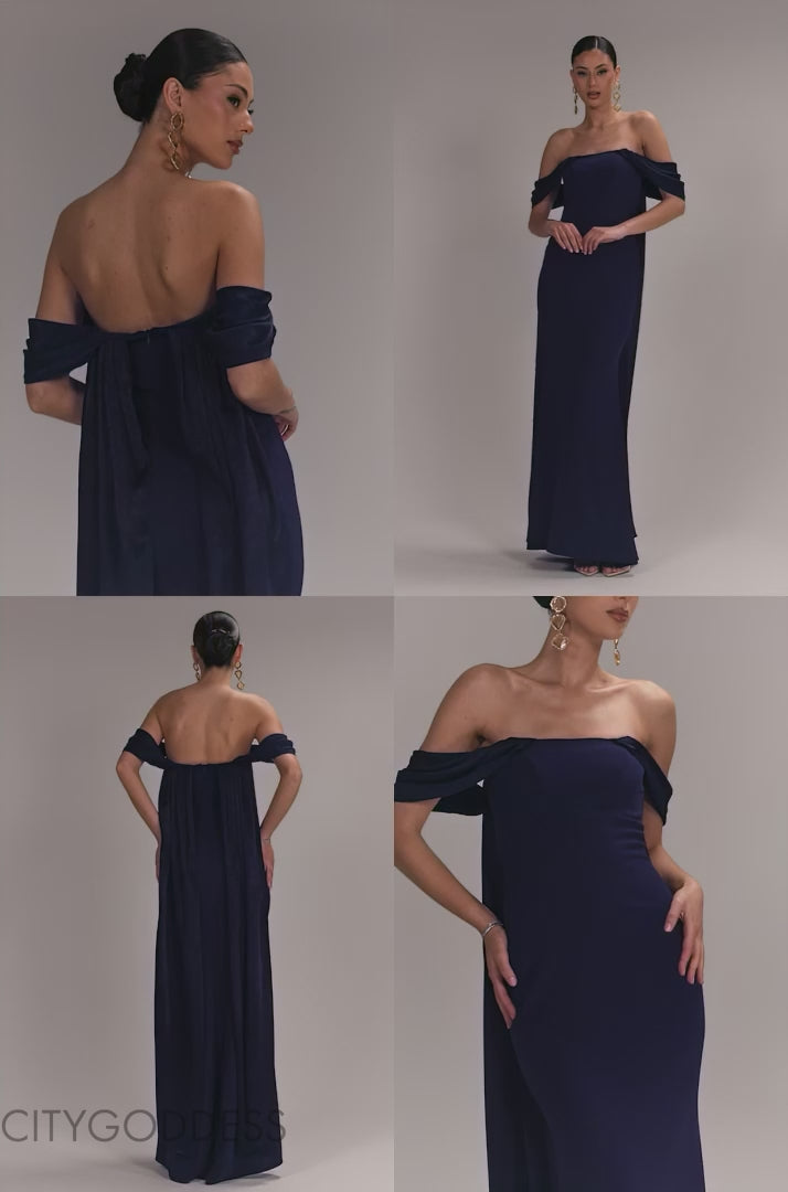 OFF SHOULDER SOFT SATIN WING CAPE MAXI DRESS DR5079