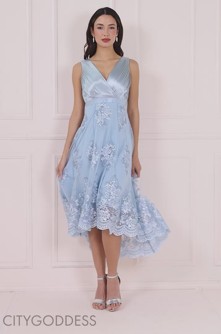 Pleated Satin V Neck High And Low Midi Dress DR3813QZ