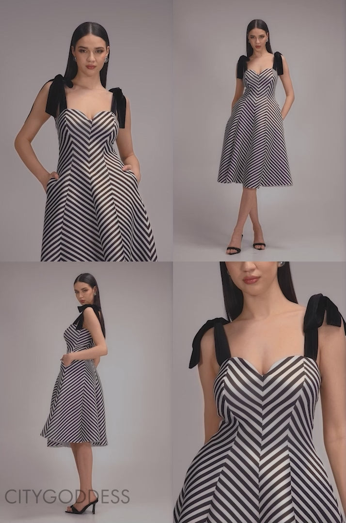 Diagonal Stripe Velvet Bow A Line Midi Dress DR5050