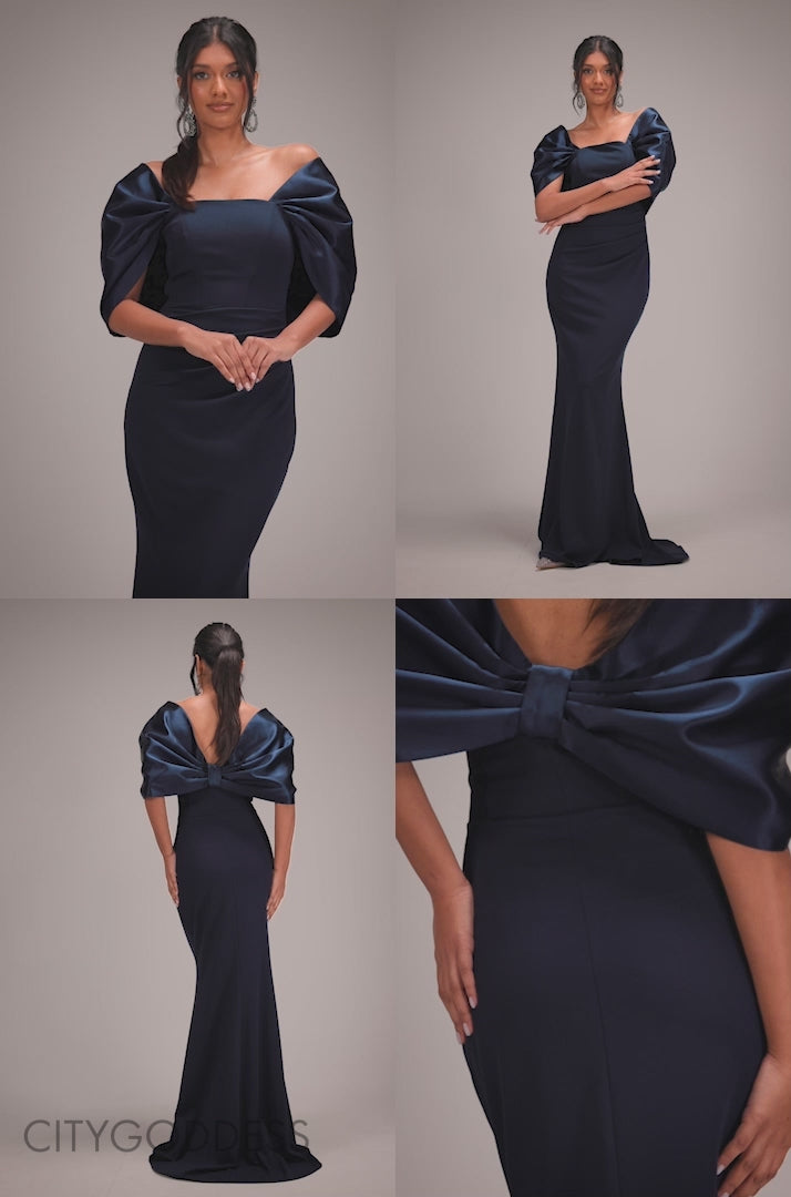 Off Shoulder Back Satin Bow Scuba Maxi Dress DR4708