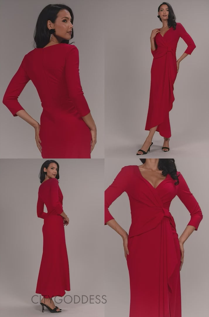 FRONT WRAP ASYMMETRIC HEM SCUBA MAXI DRESS DR5295