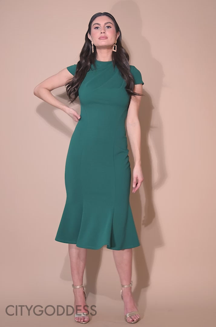 Pleated Shoulder High Neck Midi Dress DR3977