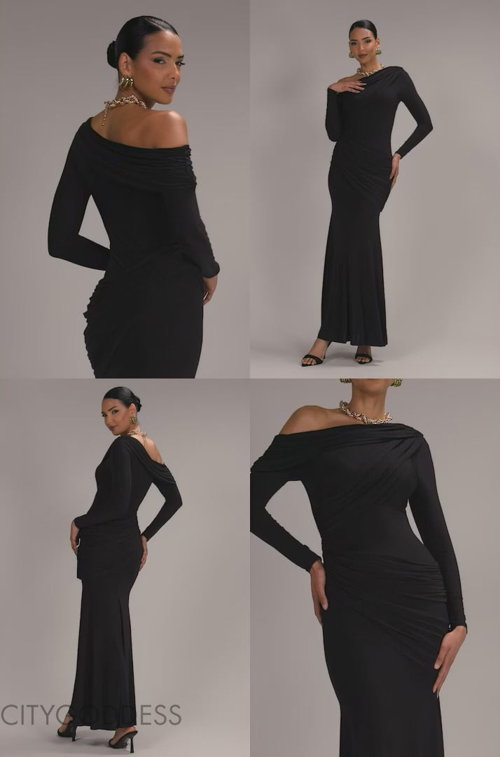 OFF SHOULDER GATHERED PANEL SOFT TOUCH MAXI DRESS BY GODDIVA DR5087