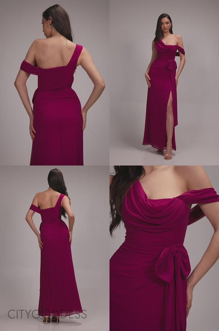 One Shoulder Cowl With Bow Detail Maxi Dress DR4606
