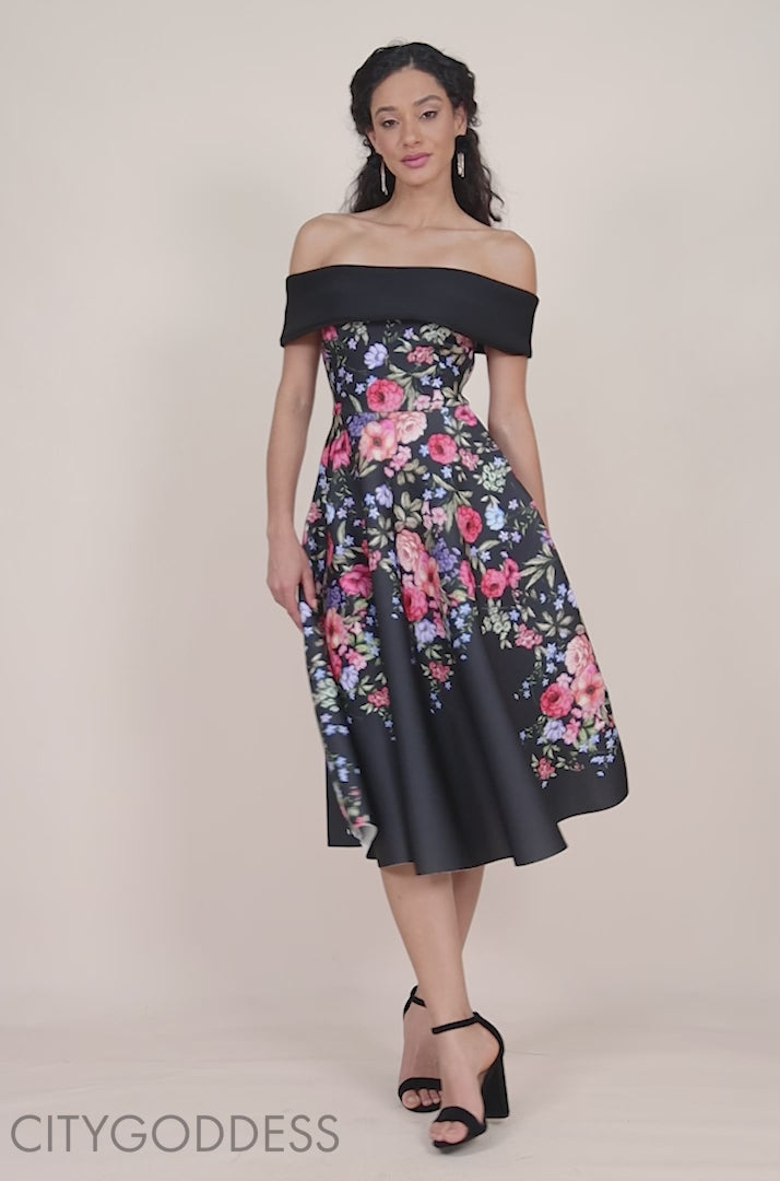 Scuba Foam Floral Bardot Midi Dress DR4302