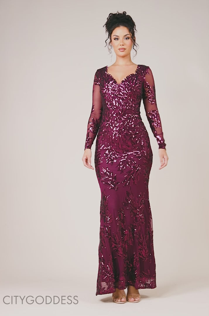Long Sleeve Sequin Leaf Long Sleeve Maxi Dress DR4359