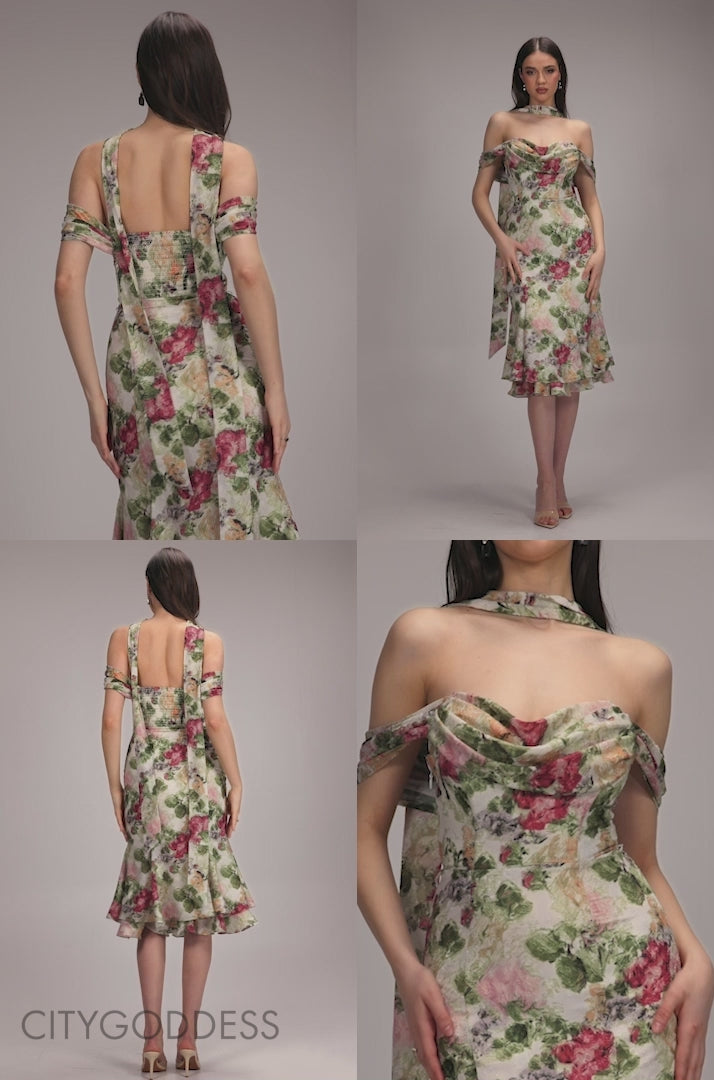 Cowl Neck Floral Print Jacquard Chiffon Tiered Midi Dress DR4871