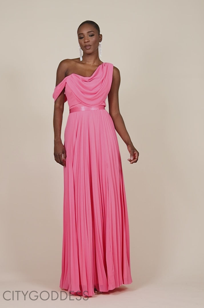 Cowl Neck One Shoulder A Line Chiffon Maxi Dress DR4506
