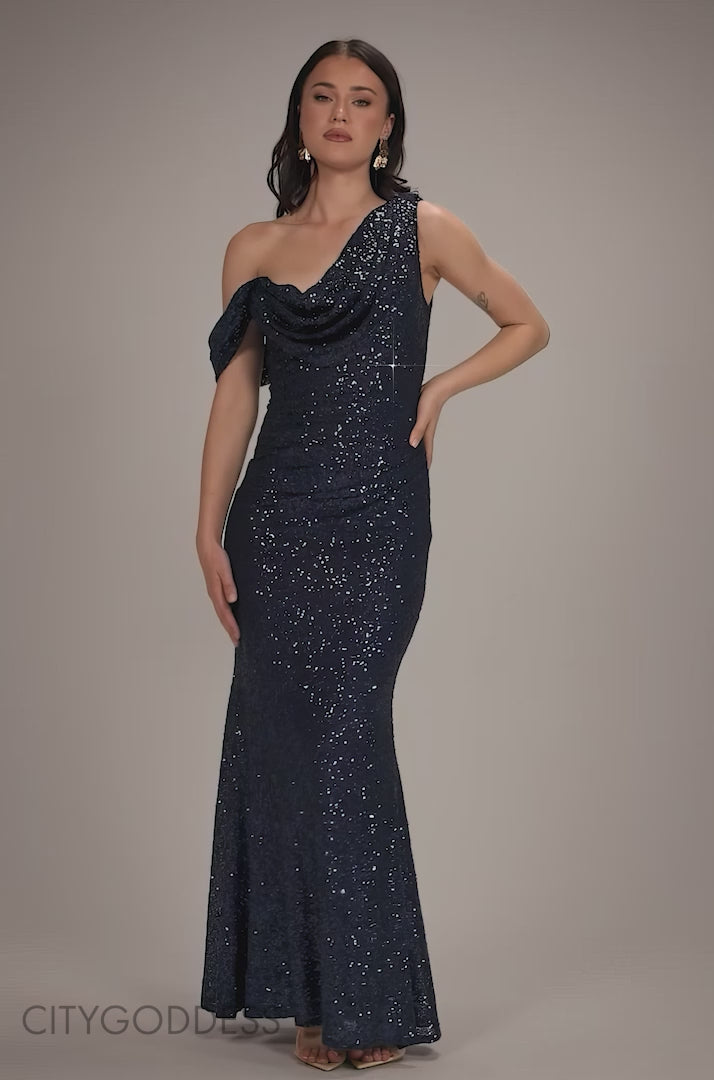Sequin Cowl One Shoulder Maxi Dress DR4020