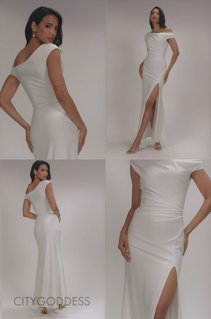 ASYMMETRIC ONE SHOULDER FRONT SPLIT SCUBA CREPE MAXI DRESS DR5200