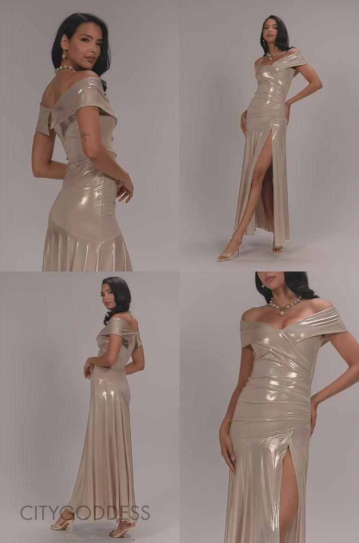 Off Shoulder Bardot Pleated Foil Maxi Dress DR5353