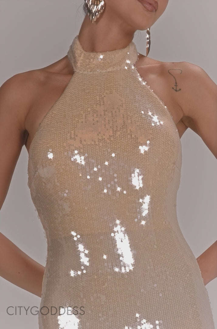 SEQUIN OPEN BACK HALTER NECK MAXI DRESS DR5237