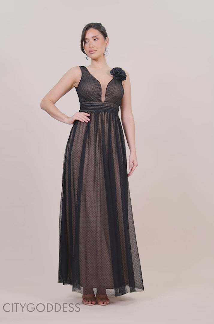 Ombre Pleated Dobby Mesh Corsage Maxi Dress DR4294