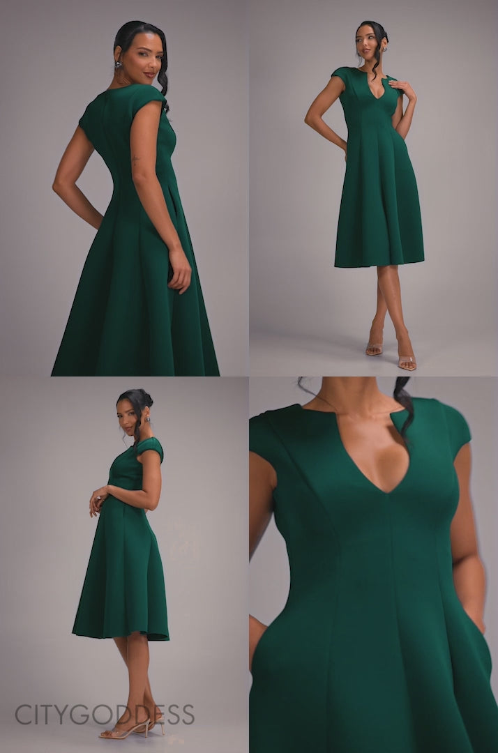 Cap Sleeve Plunging V-Neckline A-line Midi Dress DR4540