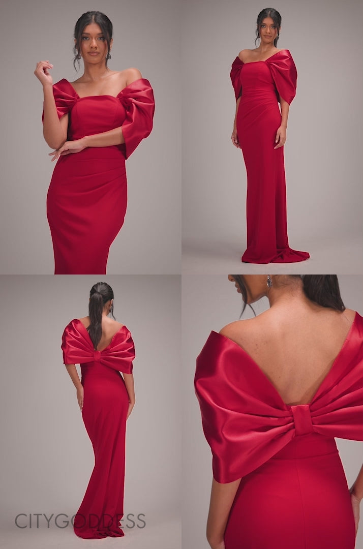 Off Shoulder Back Satin Bow Scuba Maxi Dress DR4708