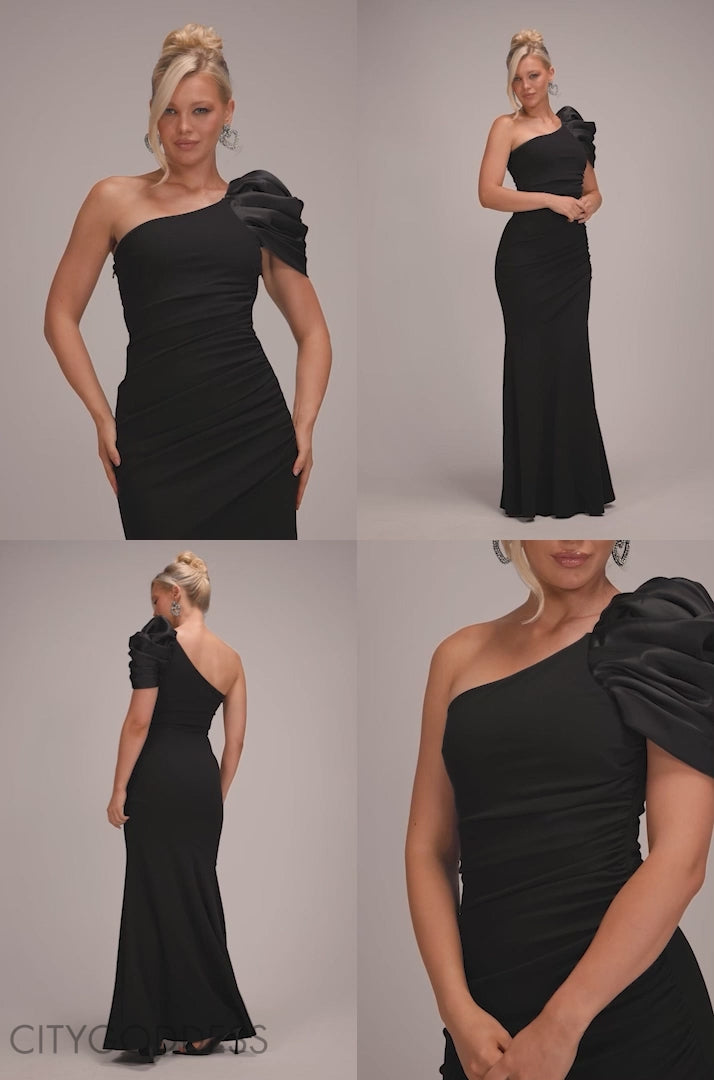 One Shoulder Puffed Satin Sleeve Evening Maxi Dress DR4640
