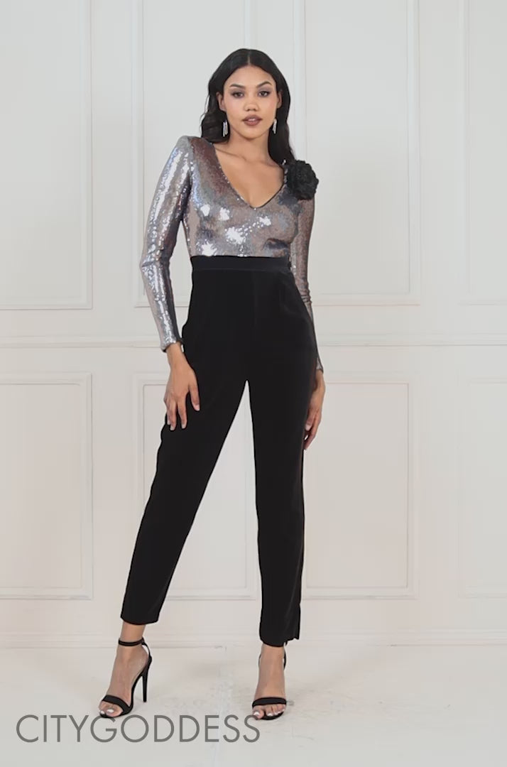 Liquid Sequin Jumpsuit With Corsage TR380