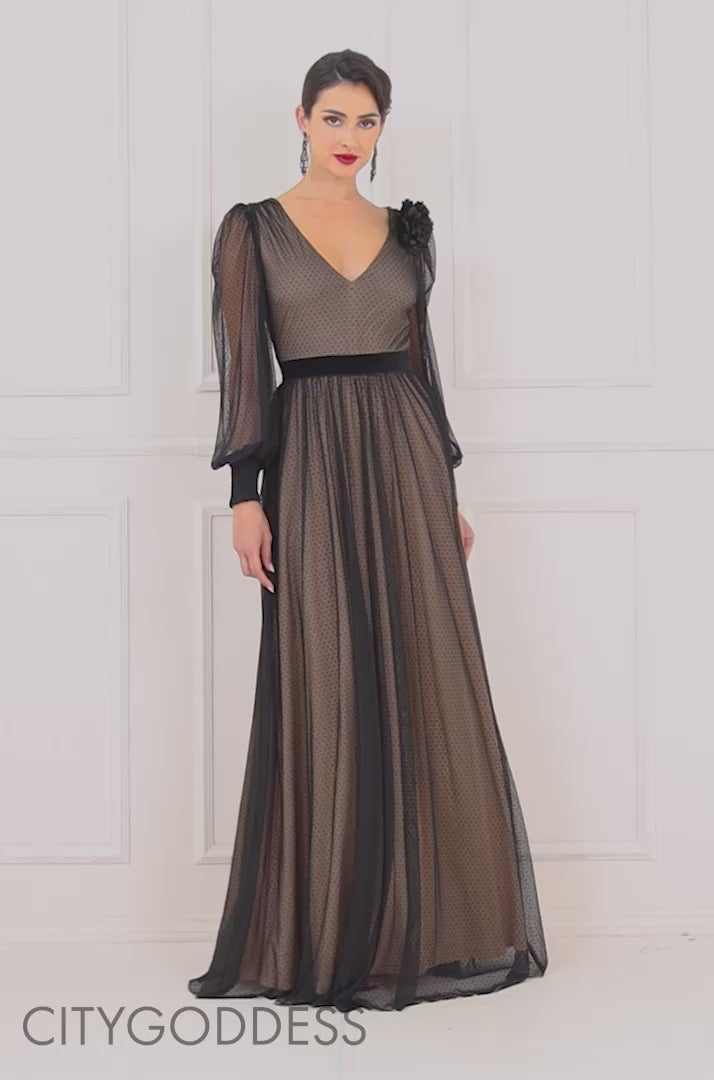 Contrast Dobby Mesh Bishop Sleeve Maxi With Corsage DR4001