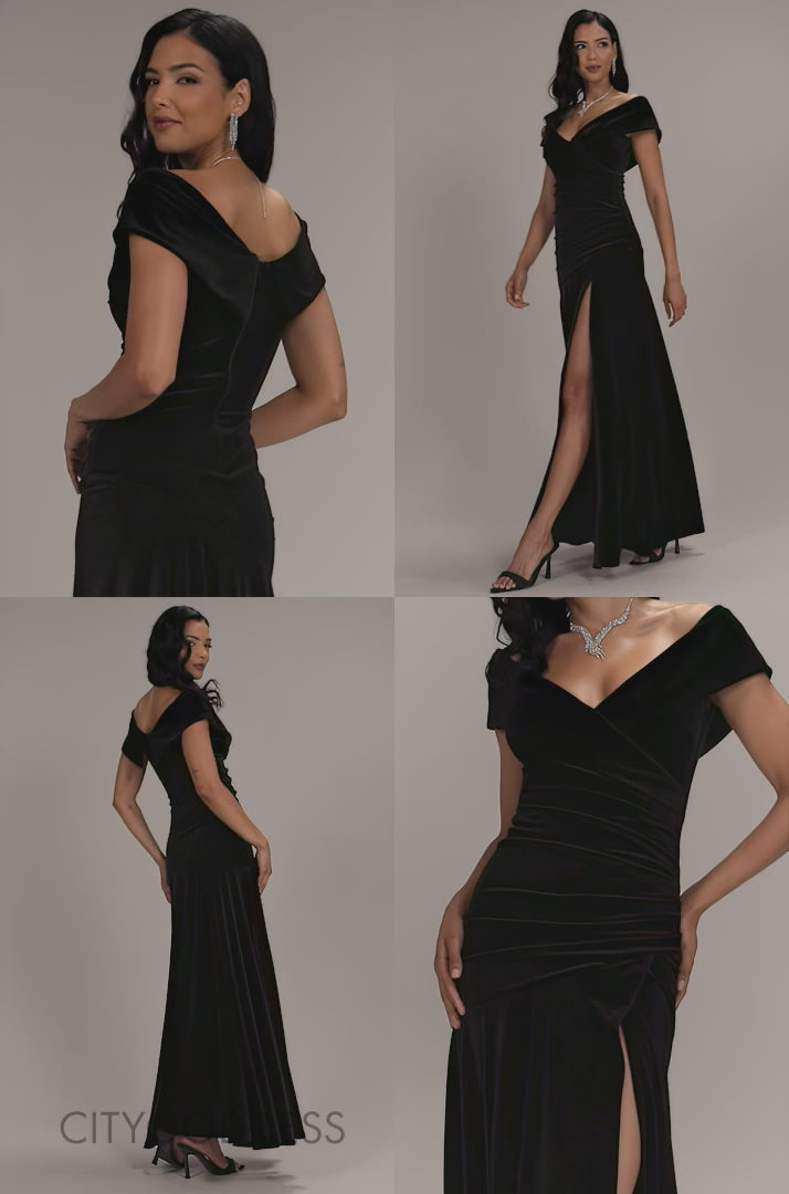 VELVET OFF SHOULDER PLEATED A LINE MAXI DRESS DR5187