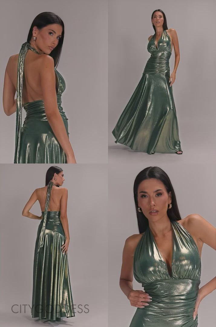 HALTERNECK EMPIRE WAIST GATHERED SUNRISE FOIL MAXI DRESS BY GODDIVA DR5138