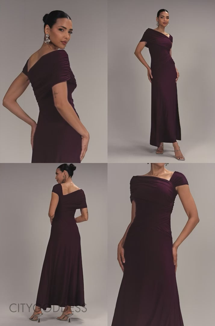 ASYMMETRIC NECK GATHERED WAIST MAXI DRESS BY GODDIVA DR5096