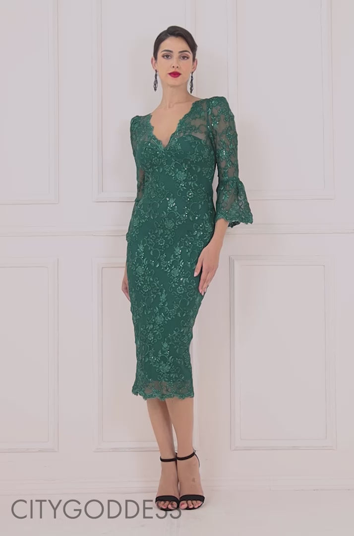 Scallop And Sequin Embroidered Chorded Lace Midi Dress DR3960