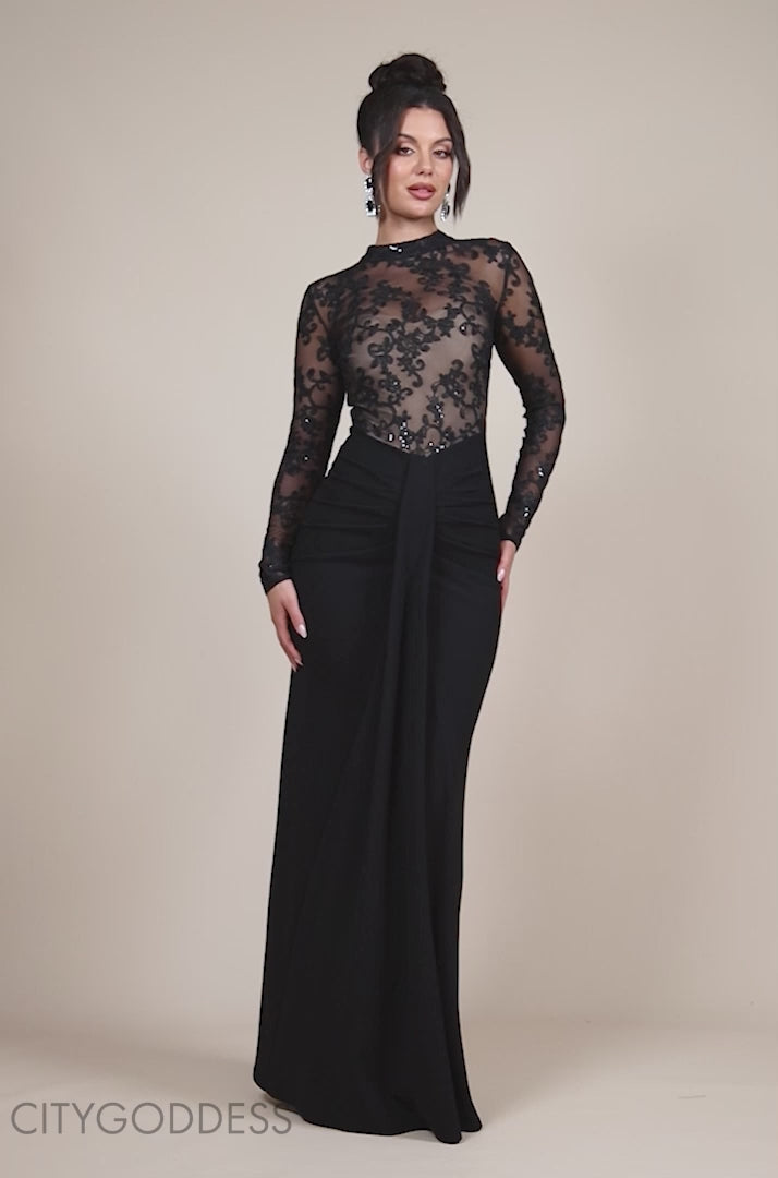 Sequin & Mesh Bodice Scuba Maxi Dress DR4391