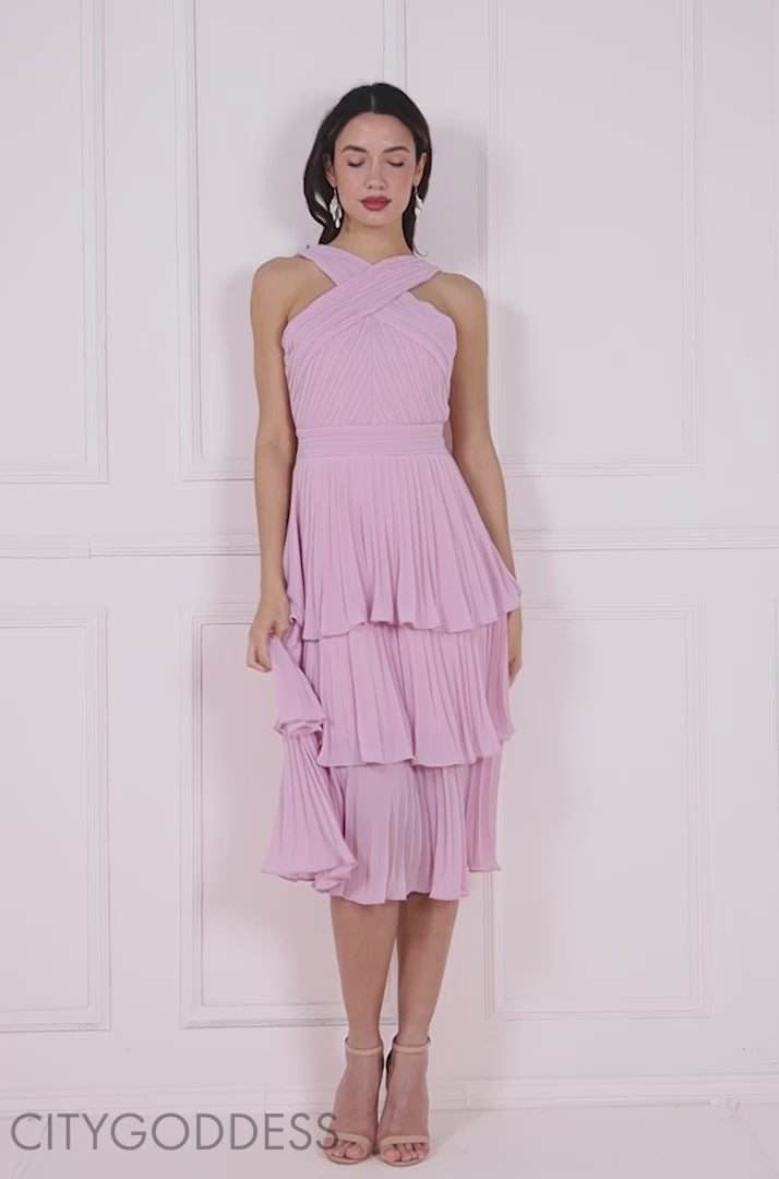 Pleated Bodice Plain Chiffon Tiered Midi Dress DR3800QZ