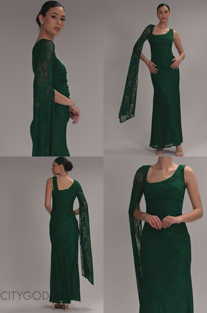 ONE SHOULDER CAPE SLEEVE PLEATED LACE MAXI DRESS BY GODDIVA DR5065