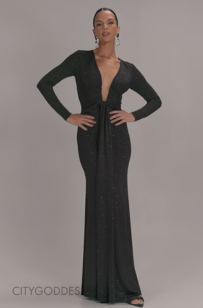 PLUNGE NECK LONG SLEEVE FRONT DRAPED LUREX MAXI DRESS DR5231