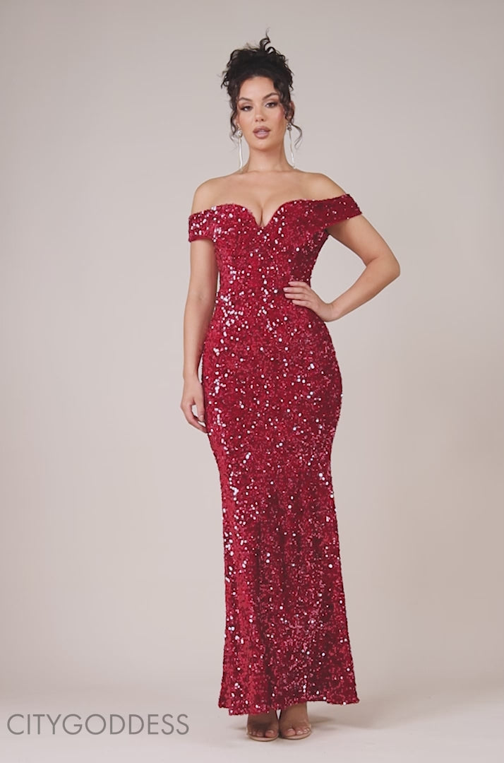 Sequin Velvet Bardot Evening Maxi Dress DR4525