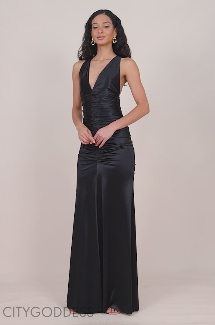 Multi-Tied Satin Gathered Ring Maxi Dress DR4417