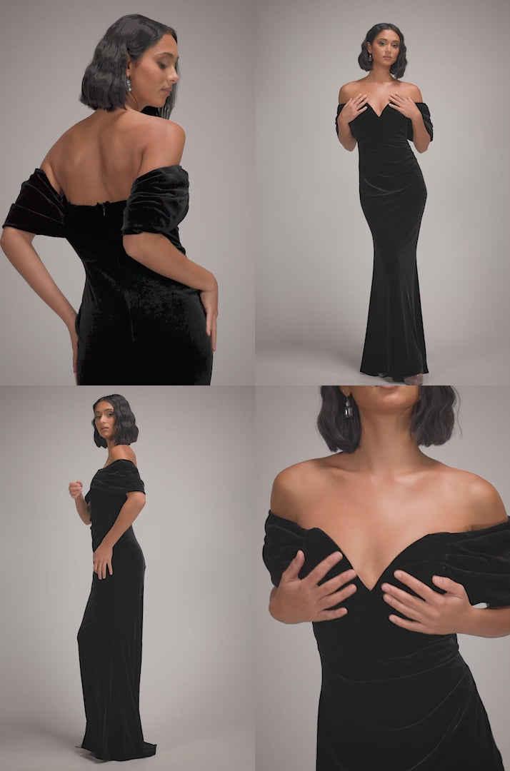OFF THE SHOULDER DEEP PLUNGE VELVET MAXI DRESS DR4692