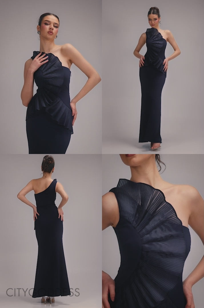 One Shoulder Pleated Fan Maxi Dress DR4075