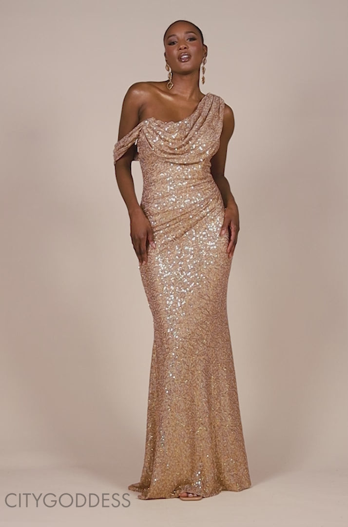 Sequin Cowl One Shoulder Maxi Dress DR4020