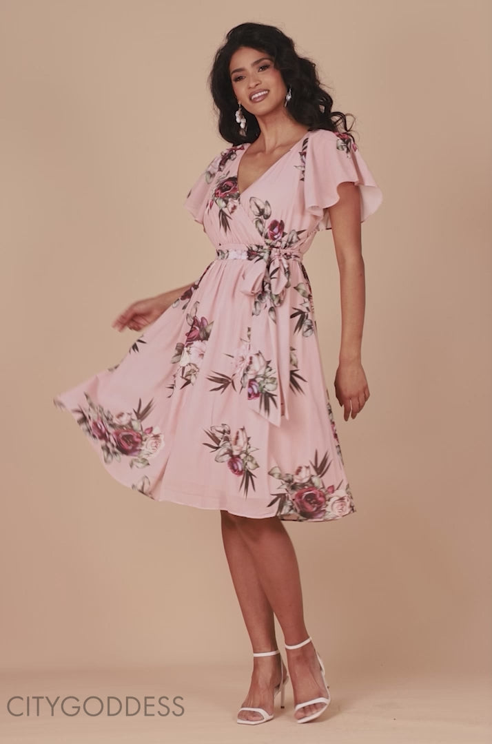 Sustainable Floral Print Midi Wrap Dress With Flutter Sleeves DR1641BBS