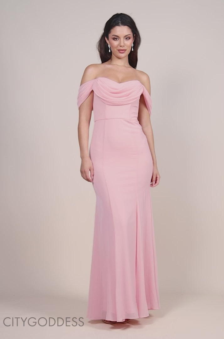 Chiffon Bardot Cowl Neck Maxi Dress DR2781A