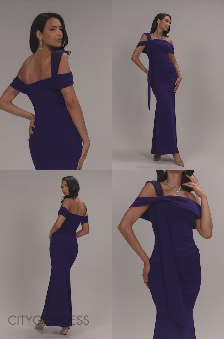 ONE SHOULDER TWISTED BARDOT ASYMMETRIC MERMAID MAXI DRESS DR4910